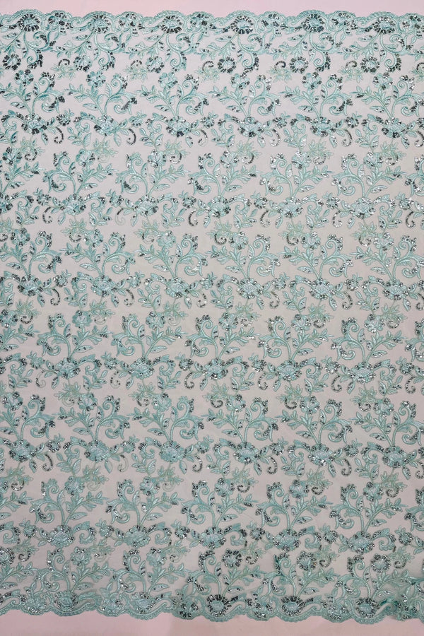 Corded Sequin Floral Fabric - Mint - Embroidery Design With Sequins on a Mesh Lace Fabric Sold By Yard