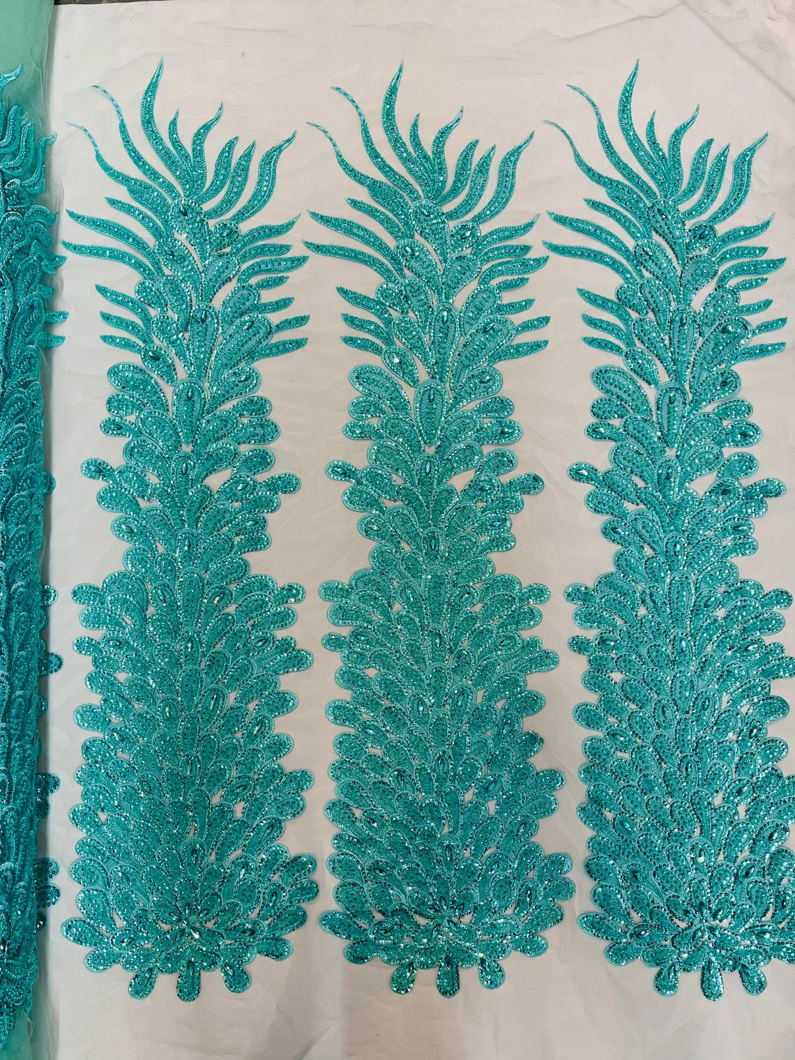 3D Beaded Peacock Feathers - Vegas Design Embroidered Sequins and Beads On a Mesh Lace Fabric - 15 Yard Roll