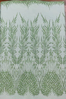 Heart & Feather Pattern Fabric - Mint - Embroidered Elegant Design with Beads Mesh Fabric Sold By Yard