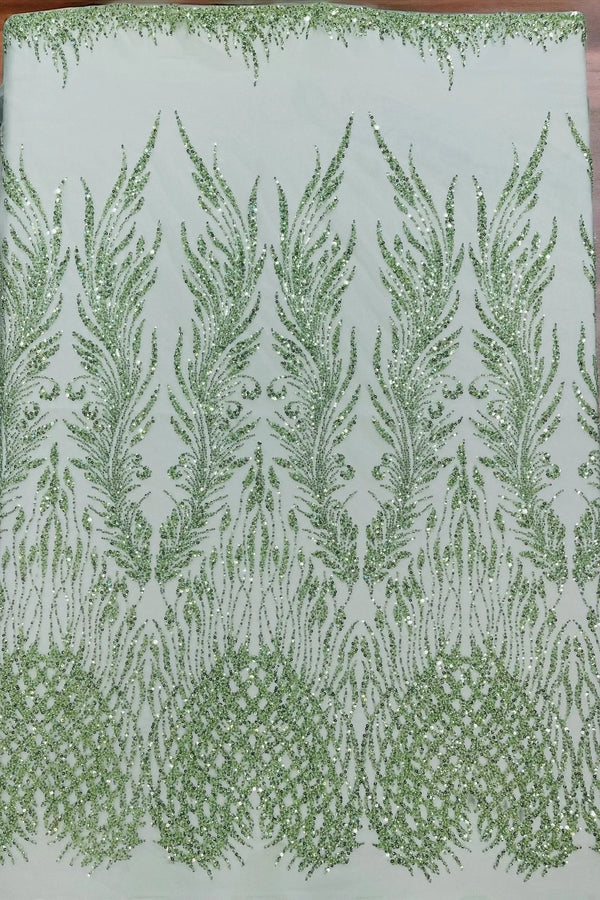 Heart & Feather Pattern Fabric - Mint - Embroidered Elegant Design with Beads Mesh Fabric Sold By Yard