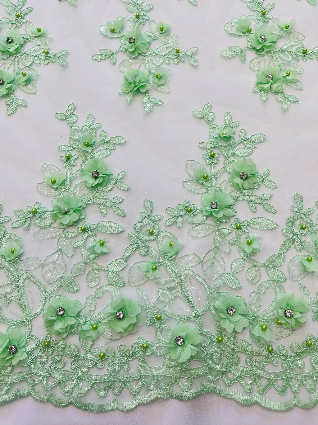 3D Embroidered Floral Fabric - Mint - 3D Rhinestone and Sequins Floral Fabric Sold By Yard
