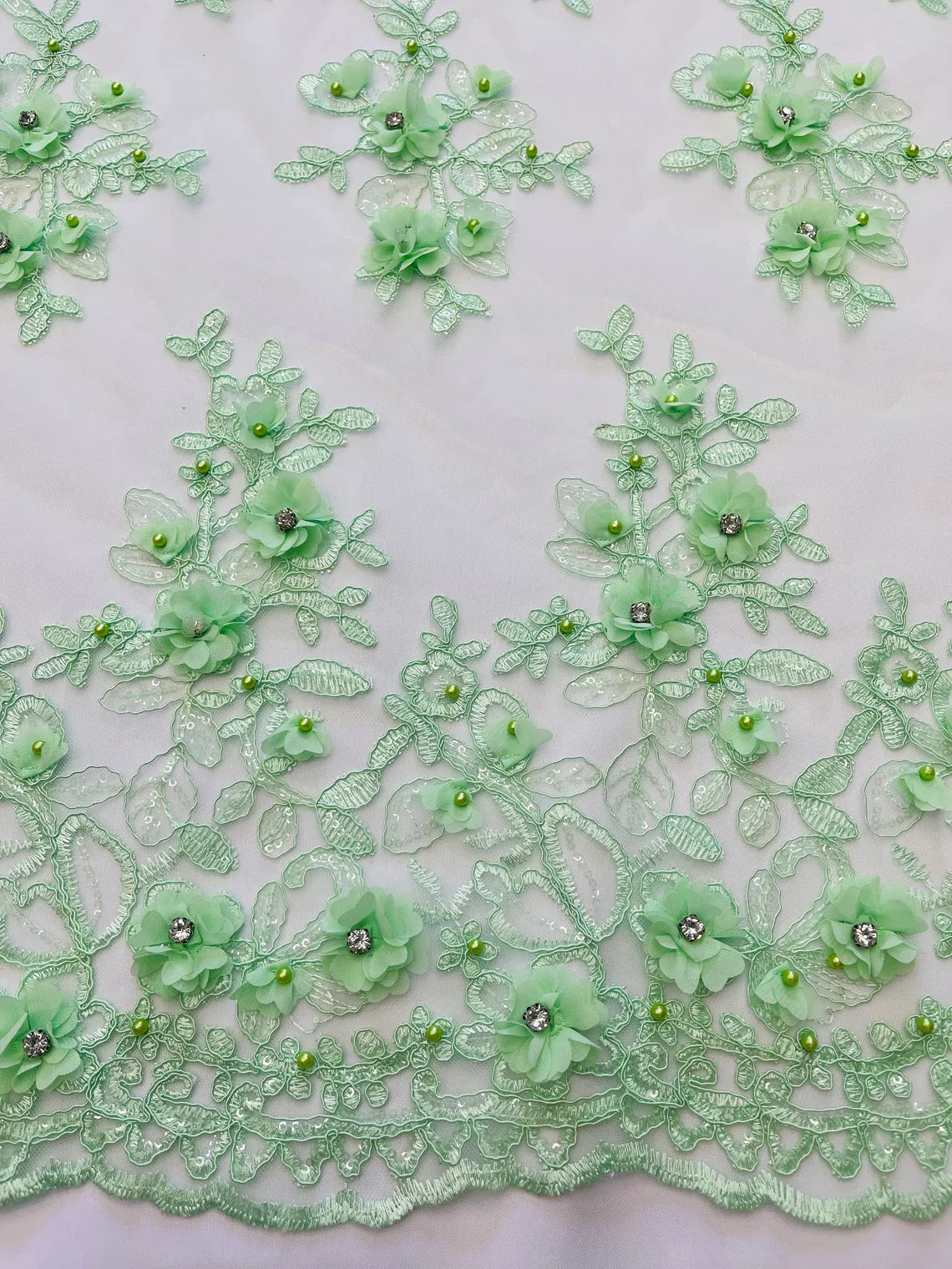 3D Embroidered Floral Fabric - Mint - 3D Rhinestone and Sequins Floral Fabric Sold By Yard