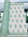 3D Floral Pearl Design - Mint - Floral Embroidered Pearls and Sequins Fabric By Yard