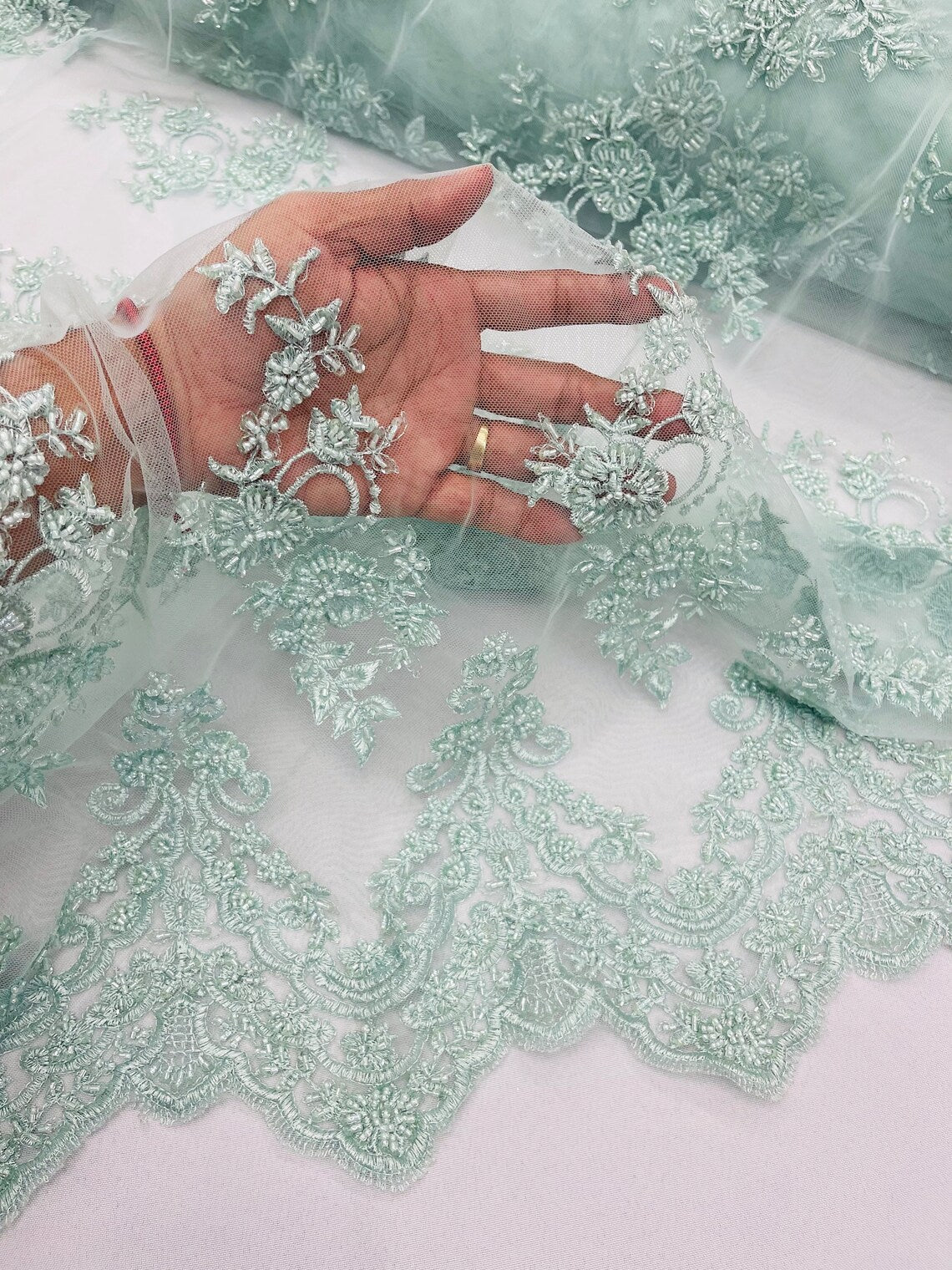 Beaded Floral Fabric - Mint - Embroidered Flower Cluster Beaded Fabric Sold By Yard