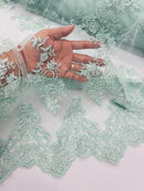 Beaded Floral Fabric - Mint - Embroidered Flower Cluster Beaded Fabric Sold By Yard