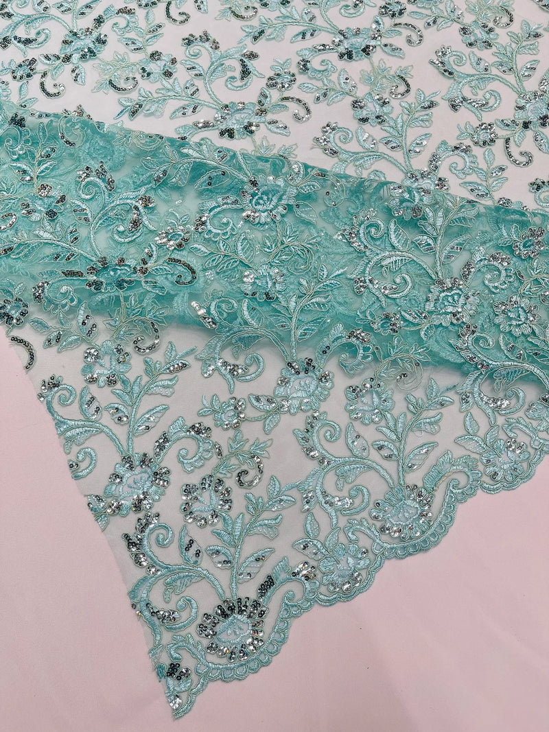 Corded Sequin Floral Fabric - Mint - Embroidery Design With Sequins on a Mesh Lace Fabric Sold By Yard