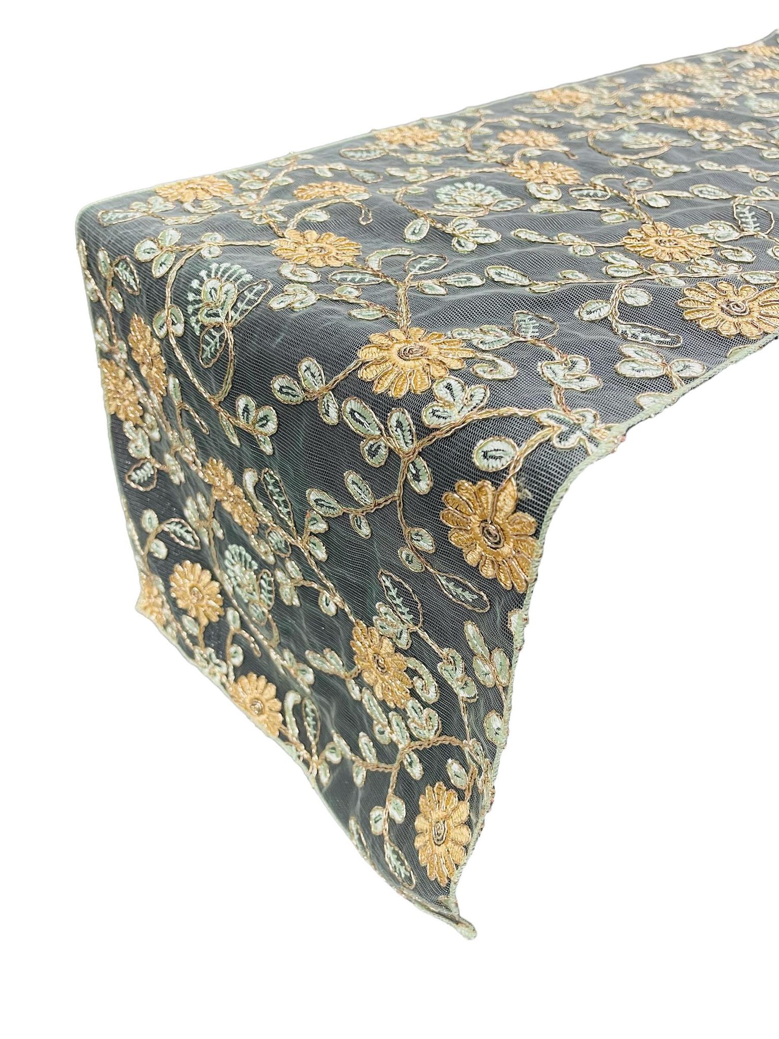 12" x 90" Metallic Flower Table Runner - Gold / Mint - Fancy Runner for Event Decor
