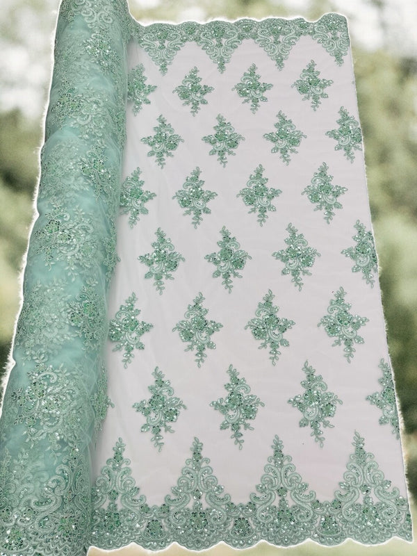 Beaded Floral Fabric - Mint - Floral Cluster Design Fabric with Damask Border by Yard