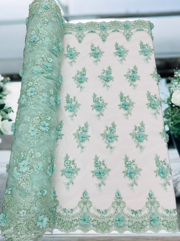 3D Floral Pearl Design - Mint - Floral Embroidered Pearls and Sequins Fabric By Yard