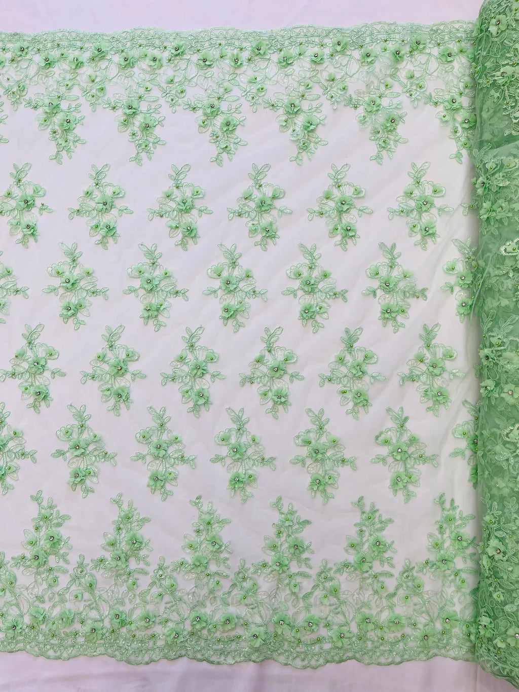 3D Embroidered Floral Fabric - Mint - 3D Rhinestone and Sequins Floral Fabric Sold By Yard