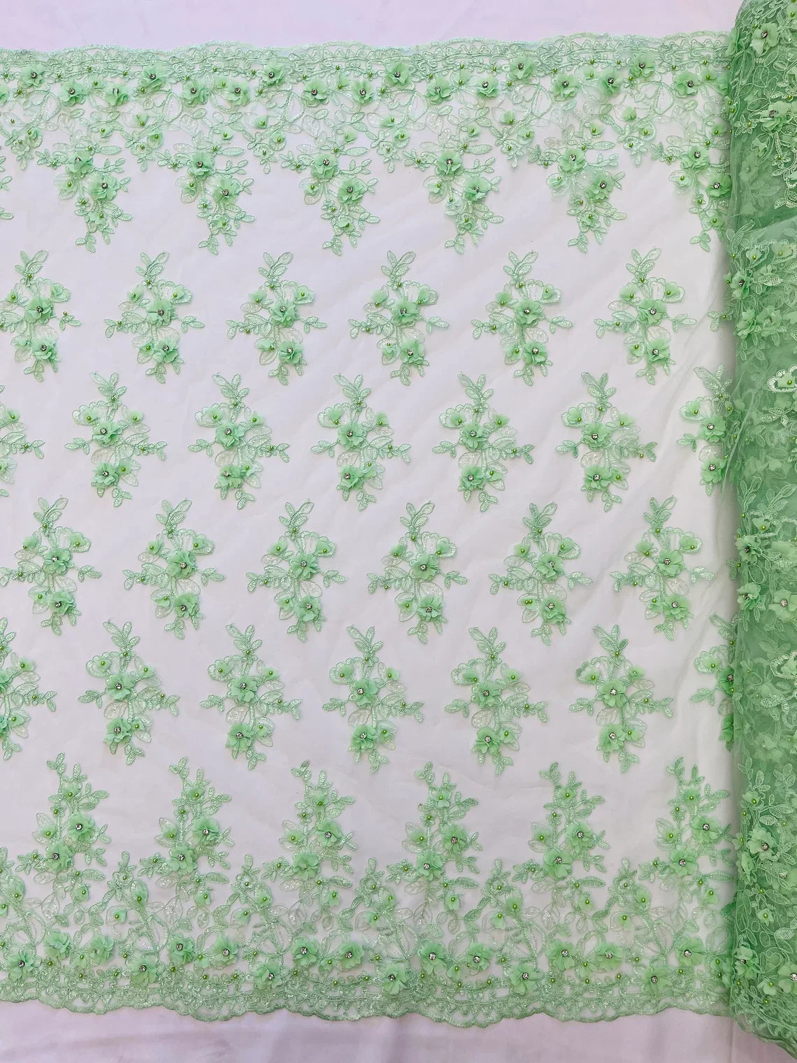 3D Embroidered Floral Fabric - Mint - 3D Rhinestone and Sequins Floral Fabric Sold By Yard