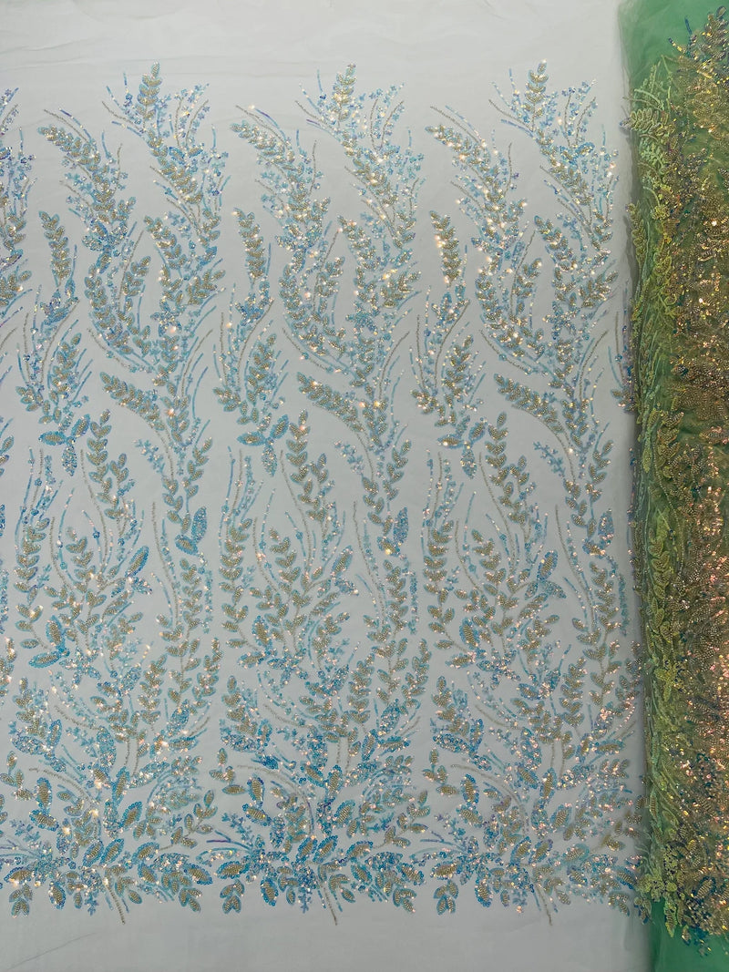 Clear Iridescent Leaf Design - Clear on Mint - Embroidered Beaded Sequins Mesh Fabric by Yard