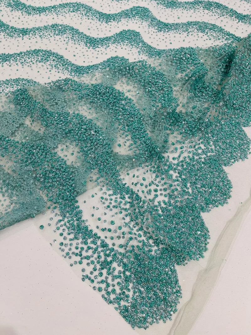 Mermaid Stripe Bead Design - Mint - Embroidered Beaded Mermaid Theme Mesh Fabric by Yard