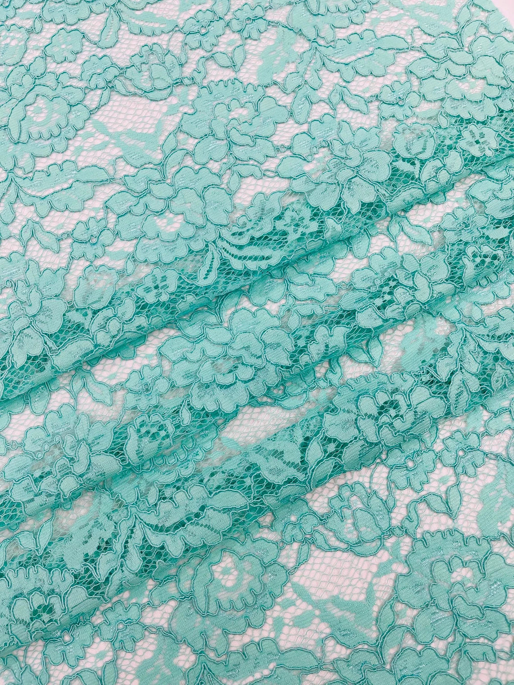 Corded Lace Fabric - Mint - Embroidered Flower Design Lace Fabric Sold By Yard