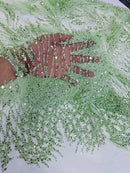 Heart & Feather Pattern Fabric - Mint - Embroidered Elegant Design with Beads Mesh Fabric Sold By Yard