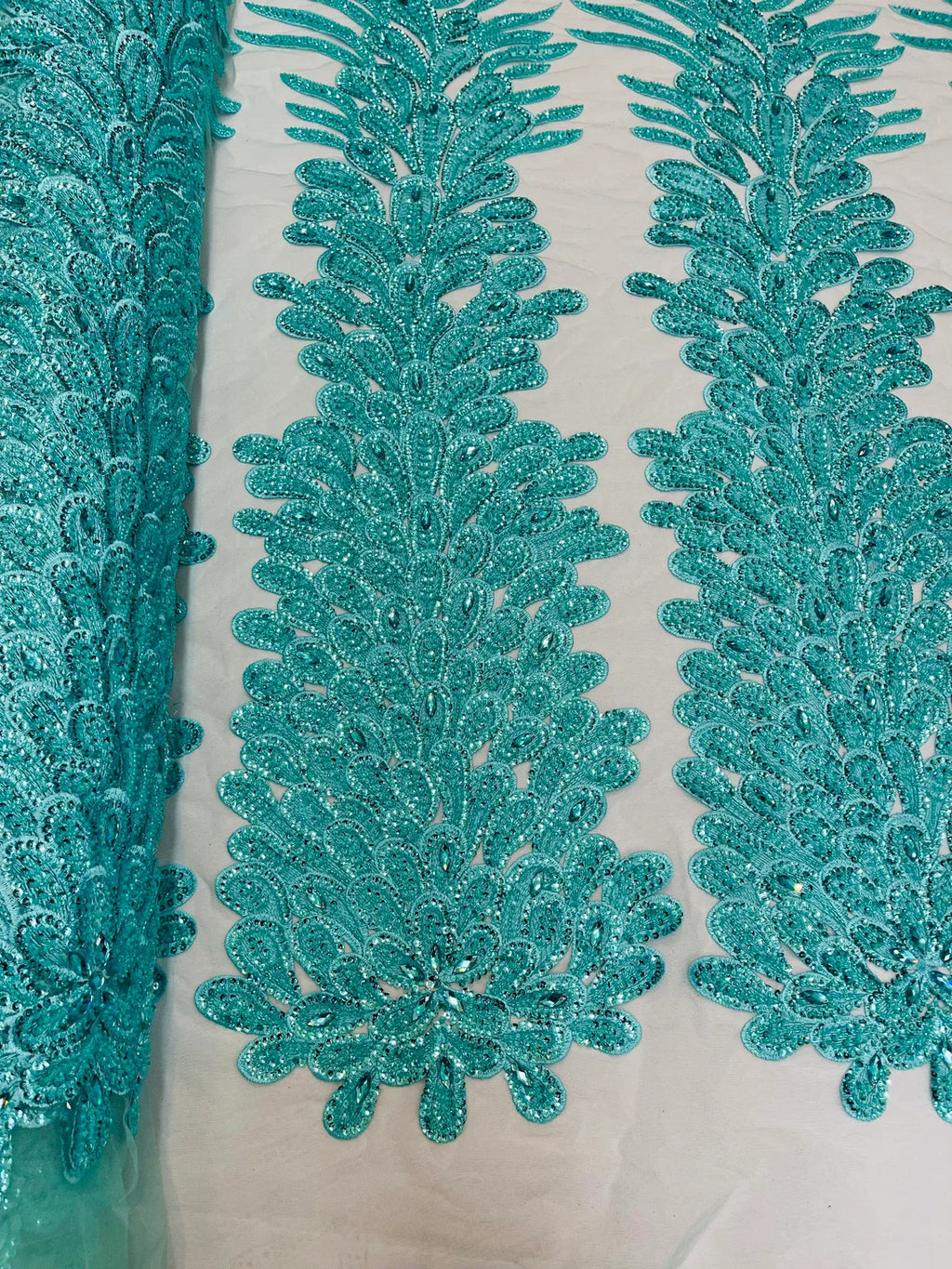 3D Beaded Peacock Feathers - Mint - Vegas Design Embroidered Sequins and Beads On a Mesh Lace Fabric (Choose The Panels)