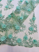 3D Flower Cluster Fabric - Mint - 3D Flower Leaf Design Fabric with Pearls Sold By Yard