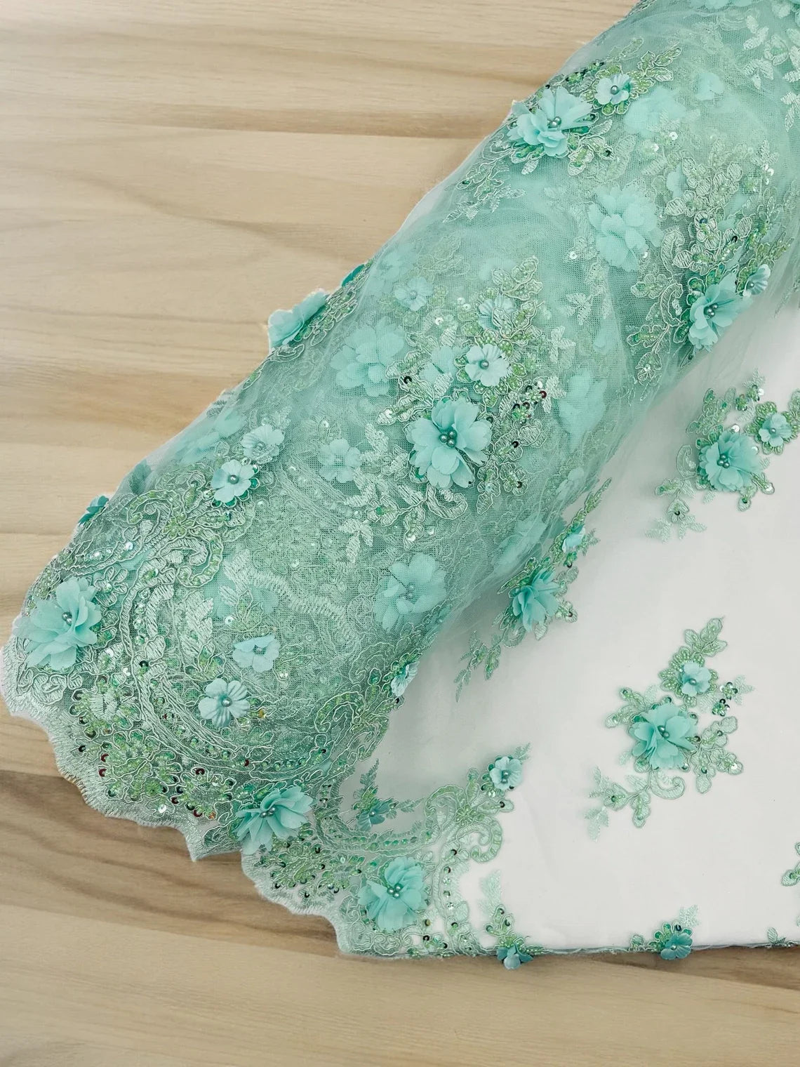 3D Floral Pearl Design - Mint - Floral Embroidered Pearls and Sequins Fabric By Yard