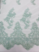 Beaded Floral Fabric - Mint - Embroidered Flower Cluster Beaded Fabric Sold By Yard
