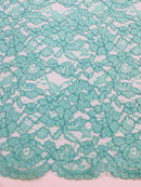 Corded Lace Fabric - Mint - Embroidered Flower Design Lace Fabric Sold By Yard