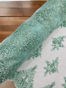 Beaded Floral Fabric - Mint - Floral Cluster Design Fabric with Damask Border by Yard