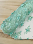 3D Floral Pearl Design - Mint - Floral Embroidered Pearls and Sequins Fabric By Yard