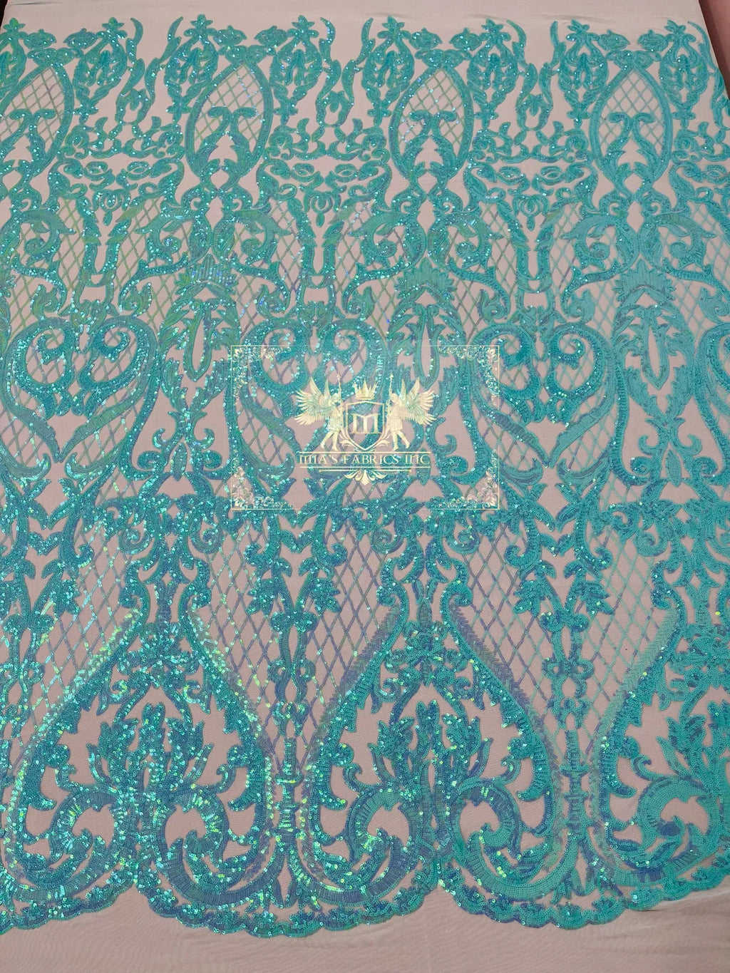 Heart Damask Sequins - Mint - 4 Way Stretch Elegant Shiny Net Sequins Fabric By Yard