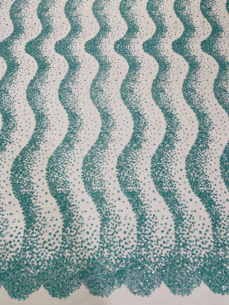 Mermaid Stripe Bead Design - Mint - Embroidered Beaded Mermaid Theme Mesh Fabric by Yard