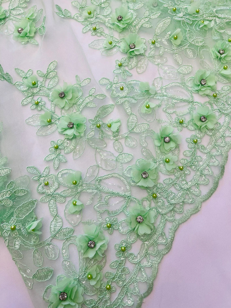 3D Rhinestone Flower Fabric - Navy Blue - 3D Flower Beaded Clusters wi