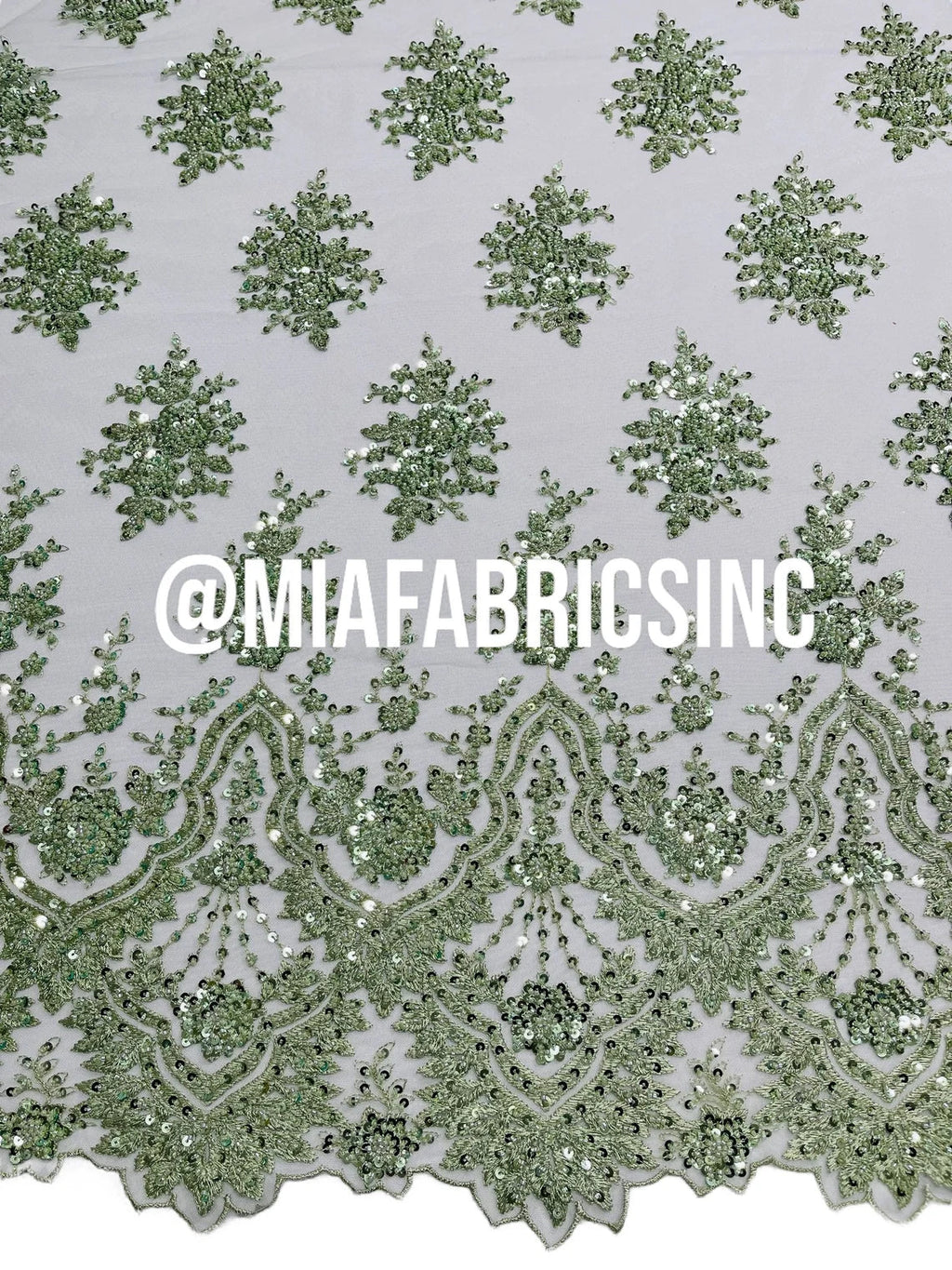 Round Flower Beaded Fabric - Mint - Embroidered Fashion Design Beads and Sequins On Mesh by The Yard