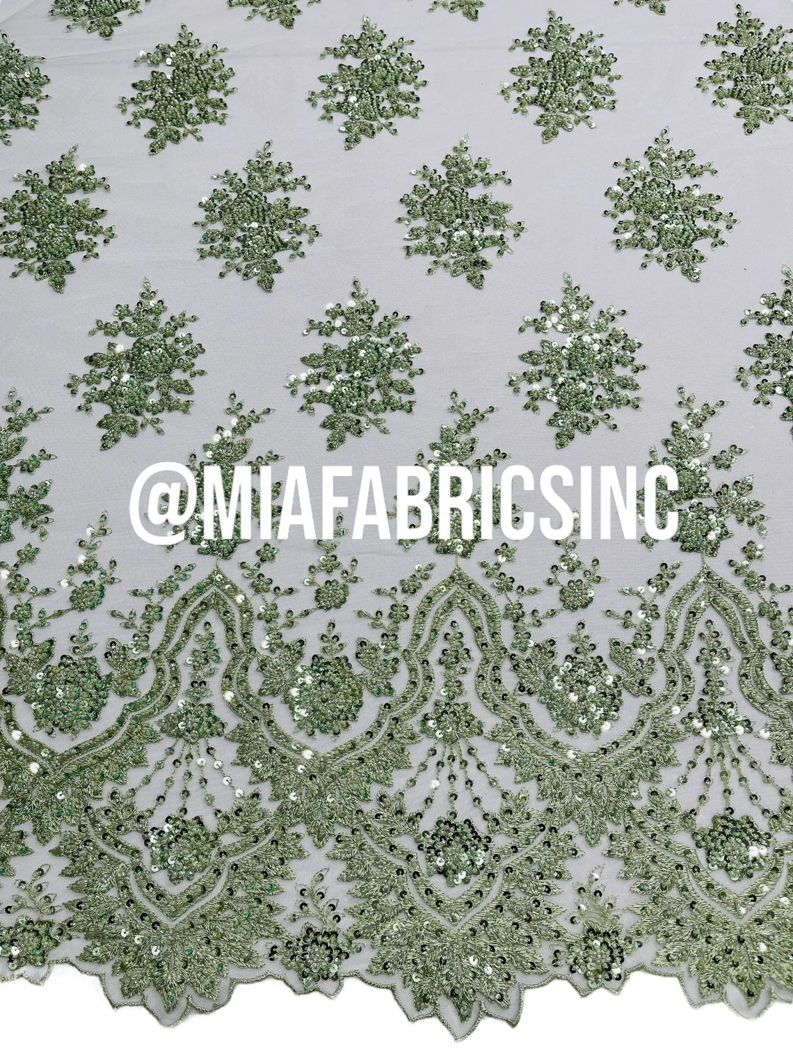 Round Flower Beaded Fabric - Mint - Embroidered Fashion Design Beads and Sequins On Mesh by The Yard