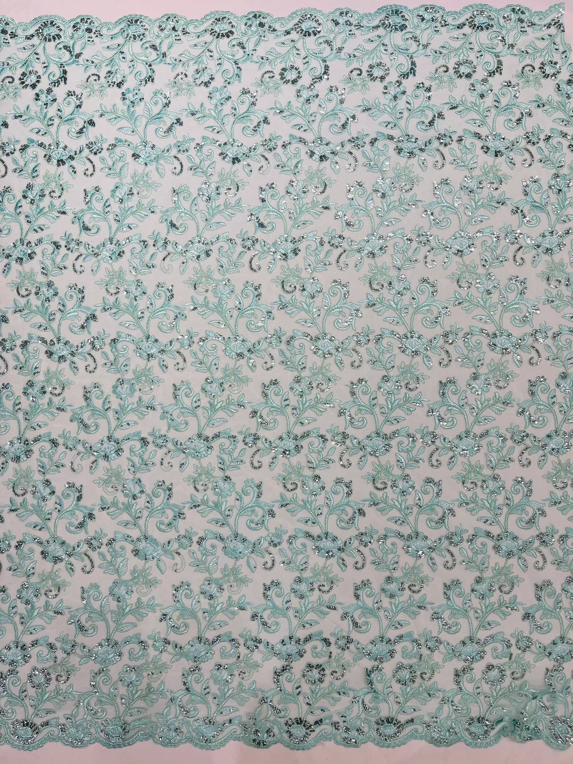 Corded Sequin Floral Fabric - Mint - Embroidery Design With Sequins on a Mesh Lace Fabric Sold By Yard