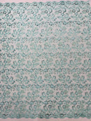 Corded Sequin Floral Fabric - Mint - Embroidery Design With Sequins on a Mesh Lace Fabric Sold By Yard