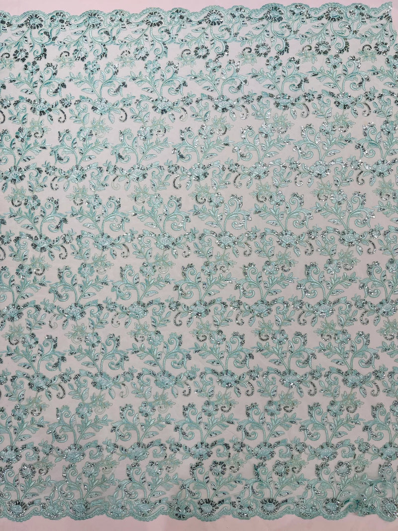 Corded Sequin Floral Fabric - Mint - Embroidery Design With Sequins on a Mesh Lace Fabric Sold By Yard