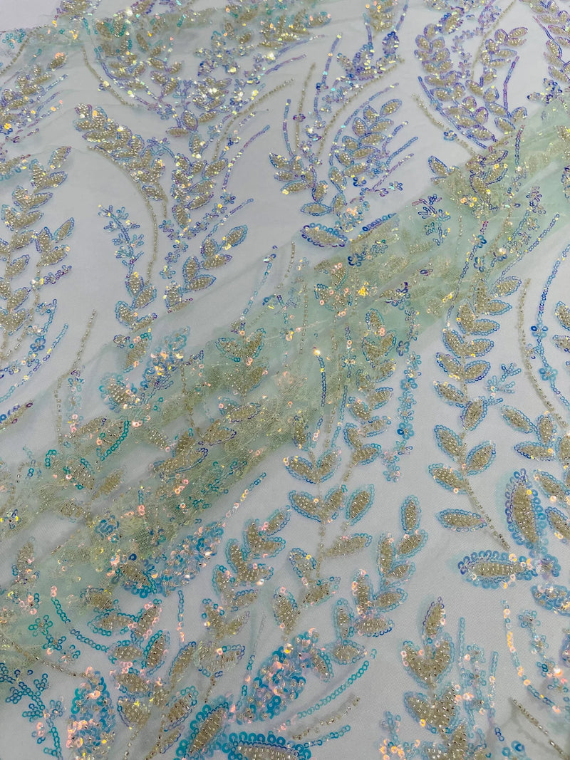 Clear Iridescent Leaf Design - Clear on Mint - Embroidered Beaded Sequins Mesh Fabric by Yard