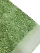 Heart & Feather Pattern Fabric - Mint - Embroidered Elegant Design with Beads Mesh Fabric Sold By Yard