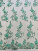 3D Flower Cluster Fabric - Mint - 3D Flower Leaf Design Fabric with Pearls Sold By Yard