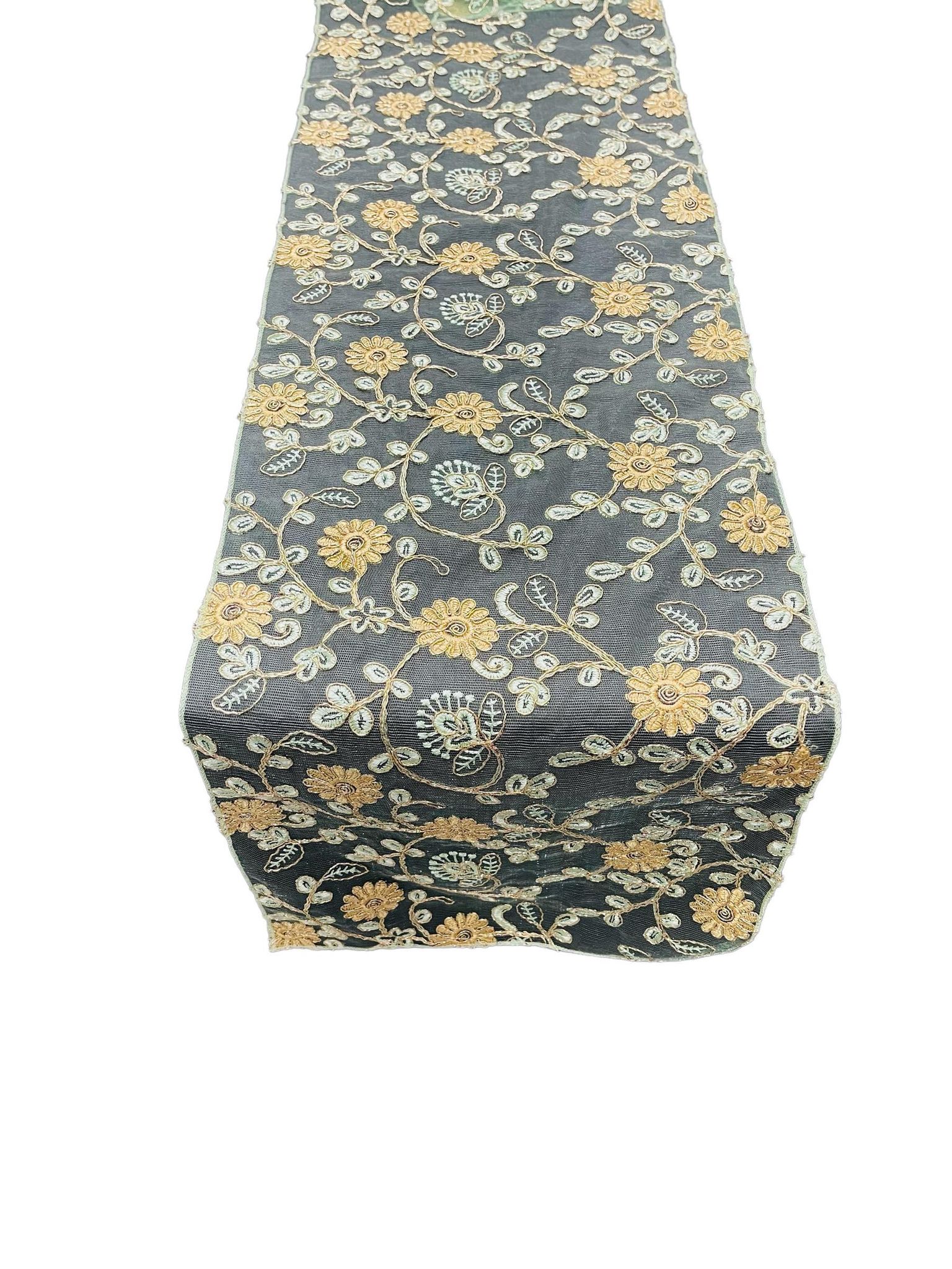 12" x 90" Metallic Flower Table Runner - Gold / Mint - Fancy Runner for Event Decor
