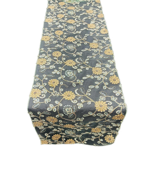 12" x 90" Metallic Flower Table Runner - Gold / Mint - Fancy Runner for Event Decor