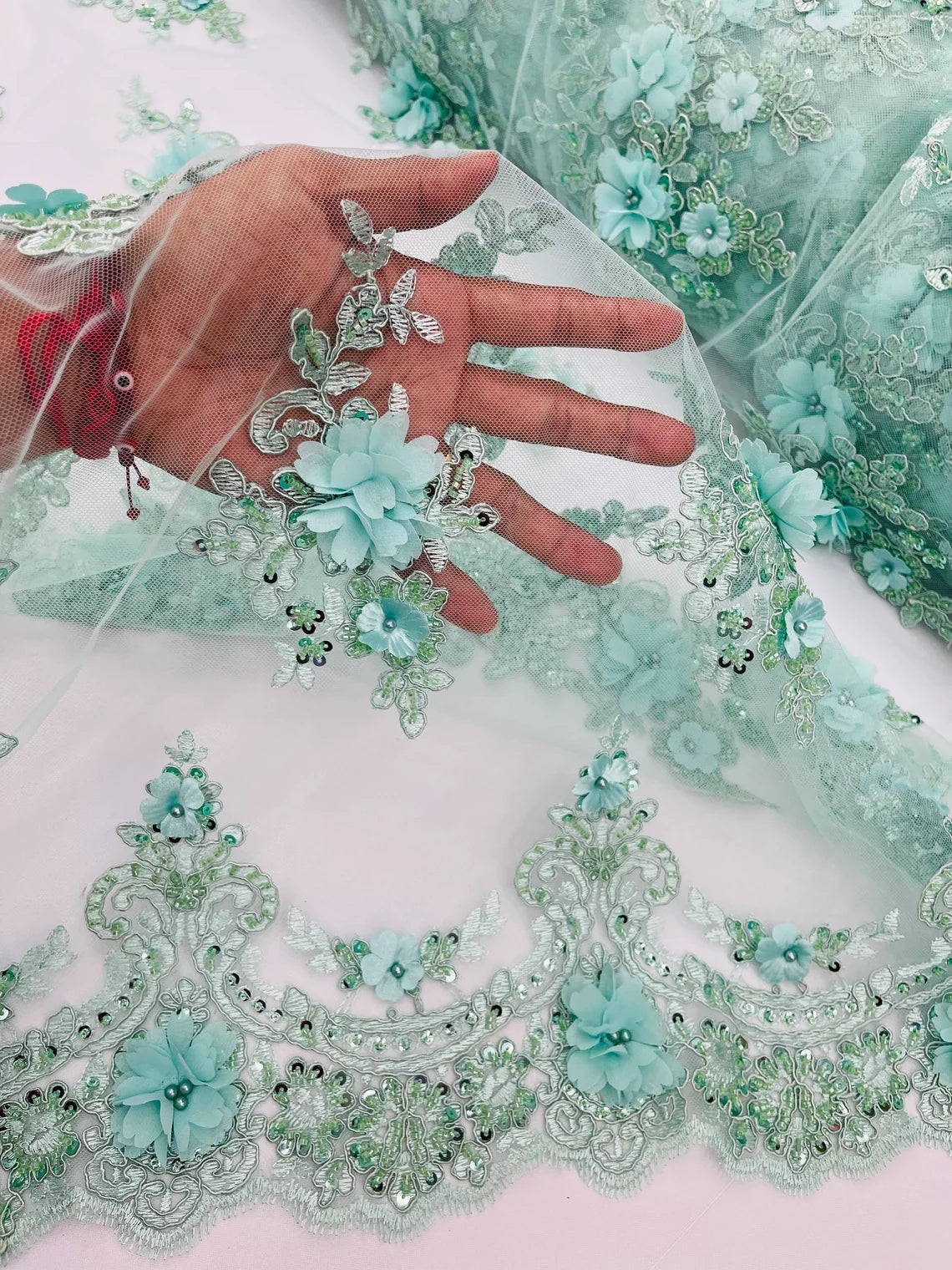 3D Floral Pearl Design - Mint - Floral Embroidered Pearls and Sequins Fabric By Yard