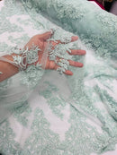 Beaded Floral Fabric - Mint - Embroidered Flower Cluster Beaded Fabric Sold By Yard