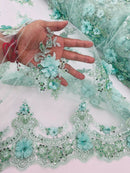 3D Floral Pearl Design - Mint - Floral Embroidered Pearls and Sequins Fabric By Yard