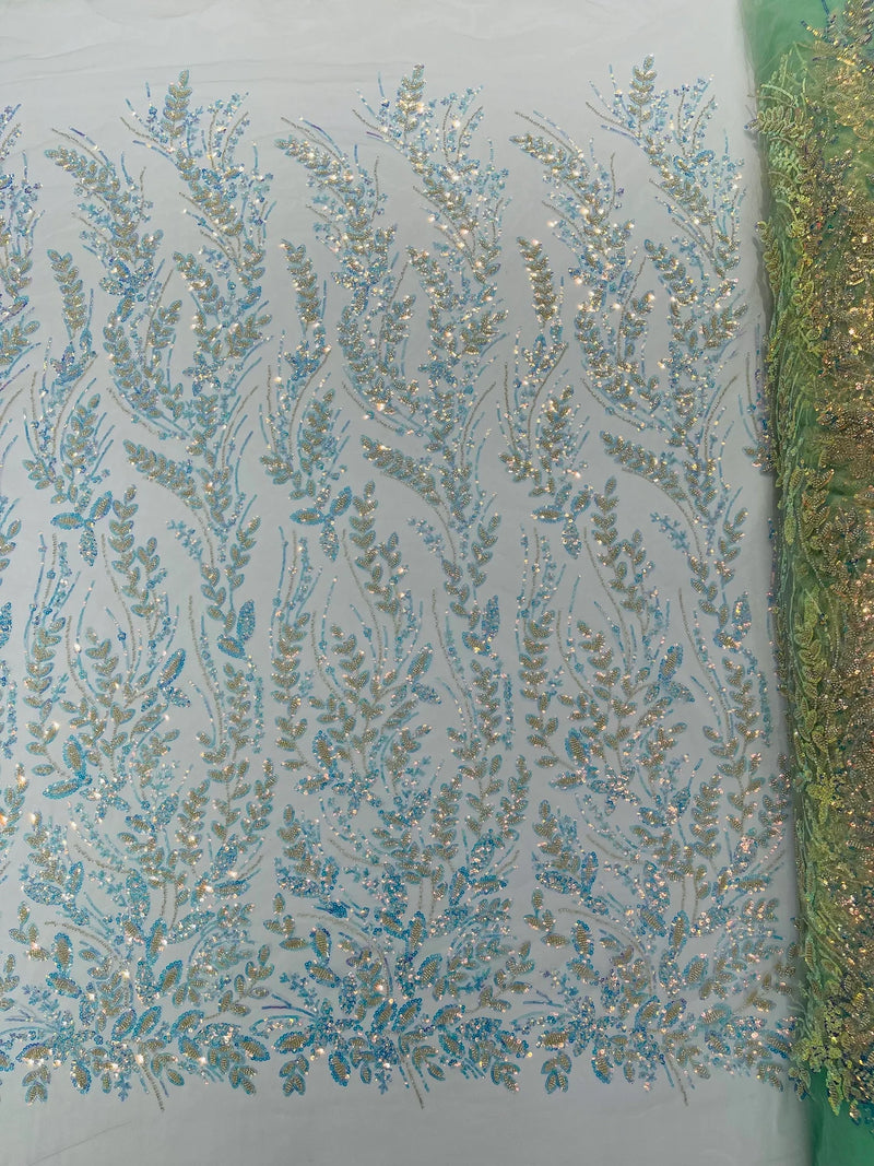 Clear Iridescent Leaf Design - Clear on Mint - Embroidered Beaded Sequins Mesh Fabric by Yard