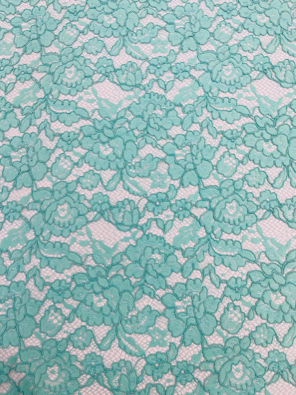 Corded Lace Fabric - Mint - Embroidered Flower Design Lace Fabric Sold By Yard