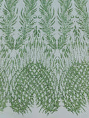Heart & Feather Pattern Fabric - Mint - Embroidered Elegant Design with Beads Mesh Fabric Sold By Yard