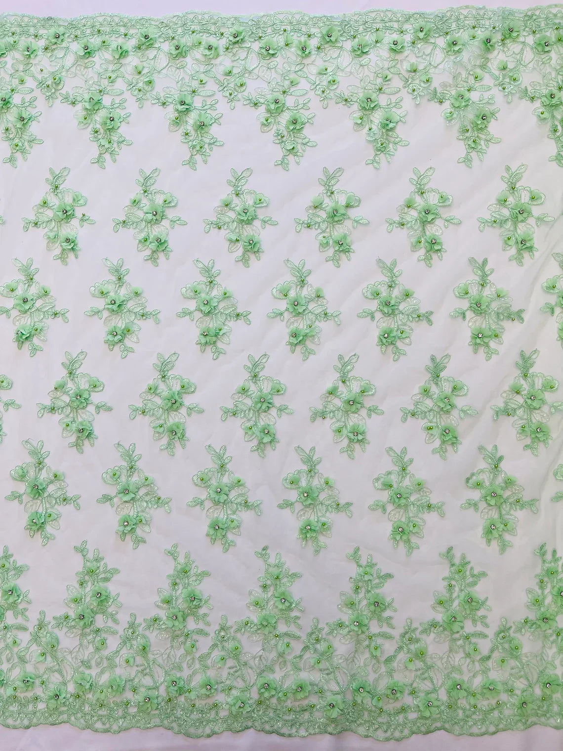 3D Embroidered Floral Fabric - Mint - 3D Rhinestone and Sequins Floral Fabric Sold By Yard