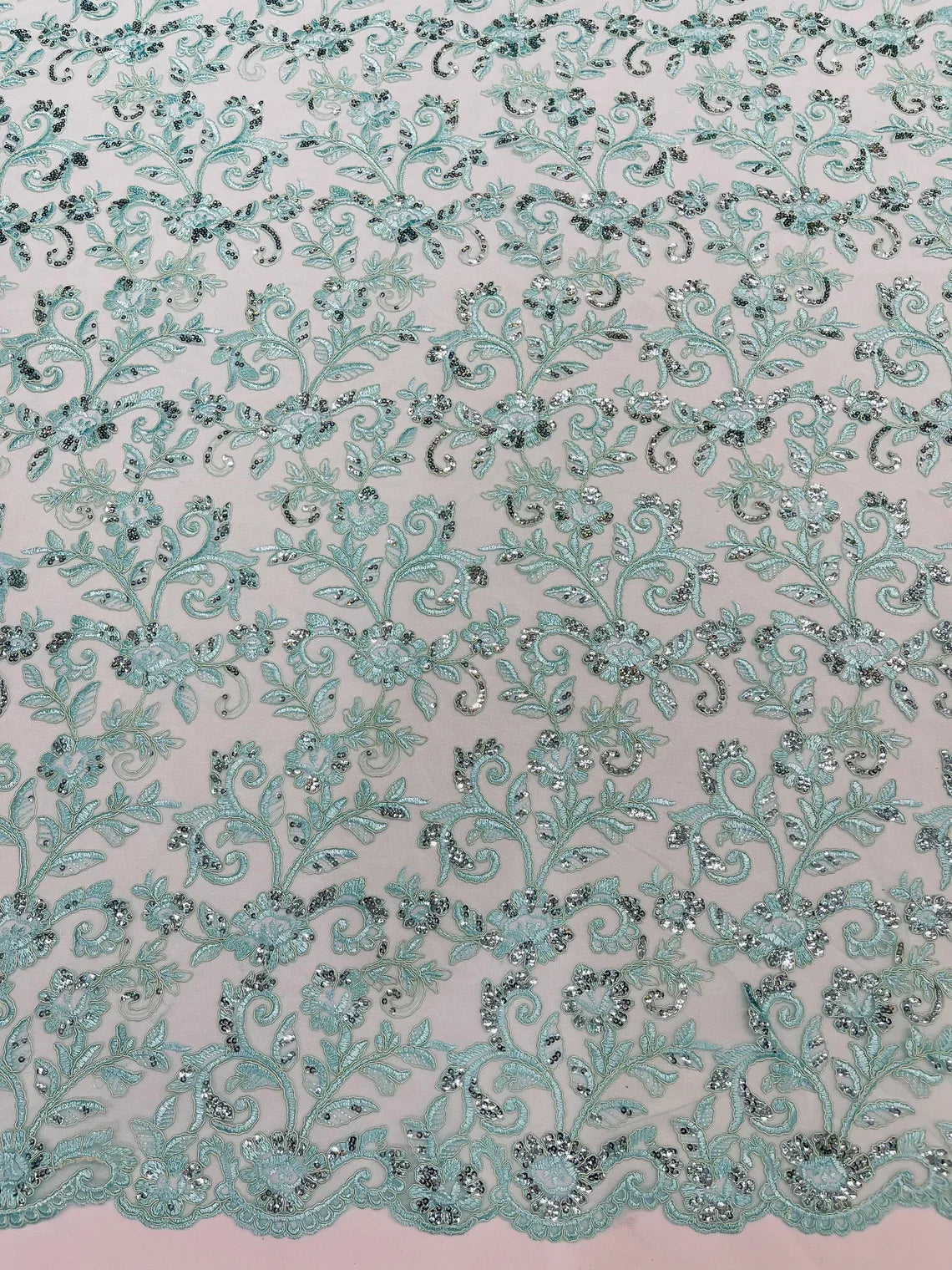 Corded Sequin Floral Fabric - Mint - Embroidery Design With Sequins on a Mesh Lace Fabric Sold By Yard