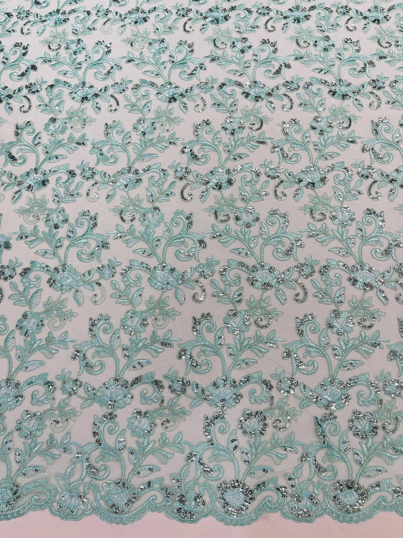 Corded Sequin Floral Fabric - Mint - Embroidery Design With Sequins on a Mesh Lace Fabric Sold By Yard