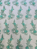 3D Flower Cluster Fabric - Mint - 3D Flower Leaf Design Fabric with Pearls Sold By Yard