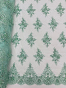 Beaded Floral Fabric - Mint - Floral Cluster Design Fabric with Damask Border by Yard